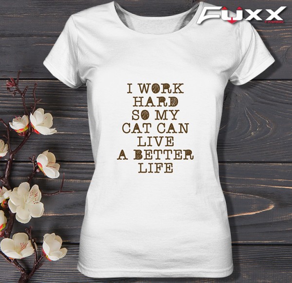 Katzen Shirt " I WORK HARD " weiß Premium