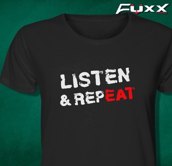 Lehrer Shirt " Listen and Repeat " Englisch schwarz